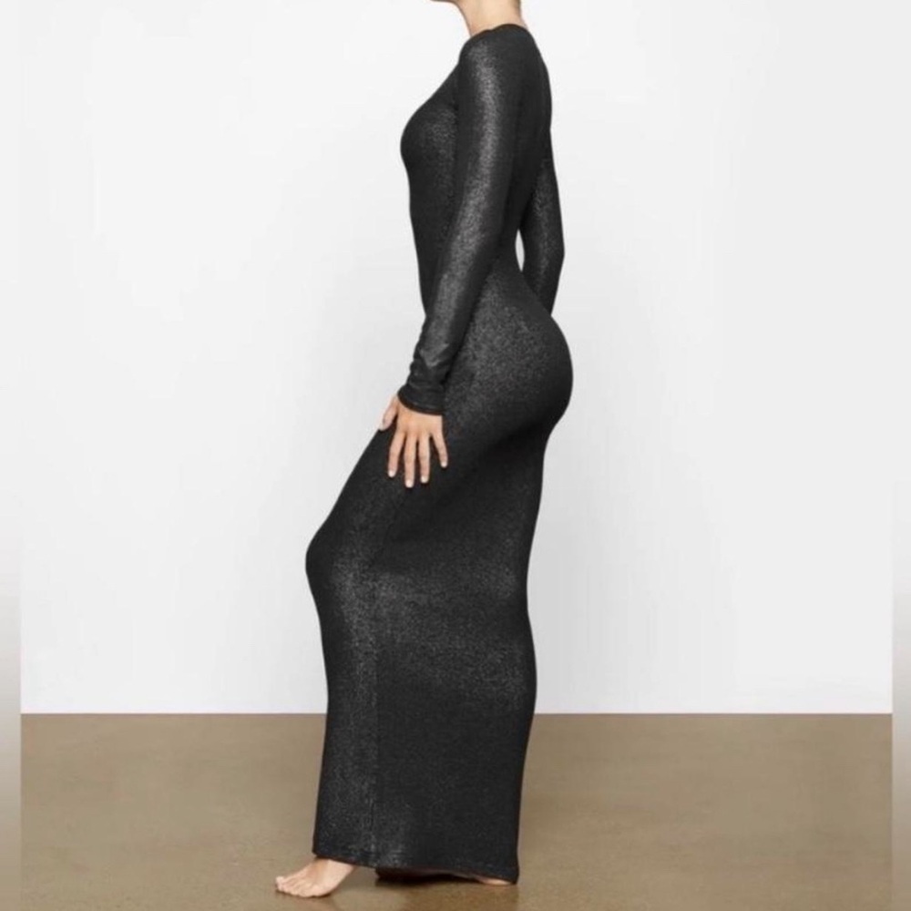✅SOLD✅🖤🪩Skims Onxy Shimmer Crew Neck Long Ribbed Long Sleeve Lounge Maxi Dress